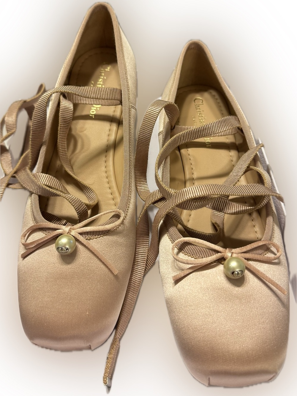 Dior Champagne Satin Ballet Flats with Pearl Charm 39